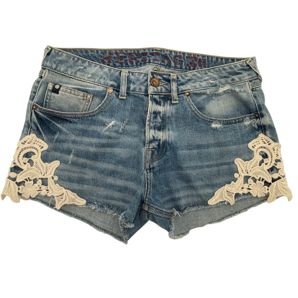 Le Temps Des Cerises Lace Denim Shorts Boho Crochet Trim Button Fly  Y2K SZ 28
